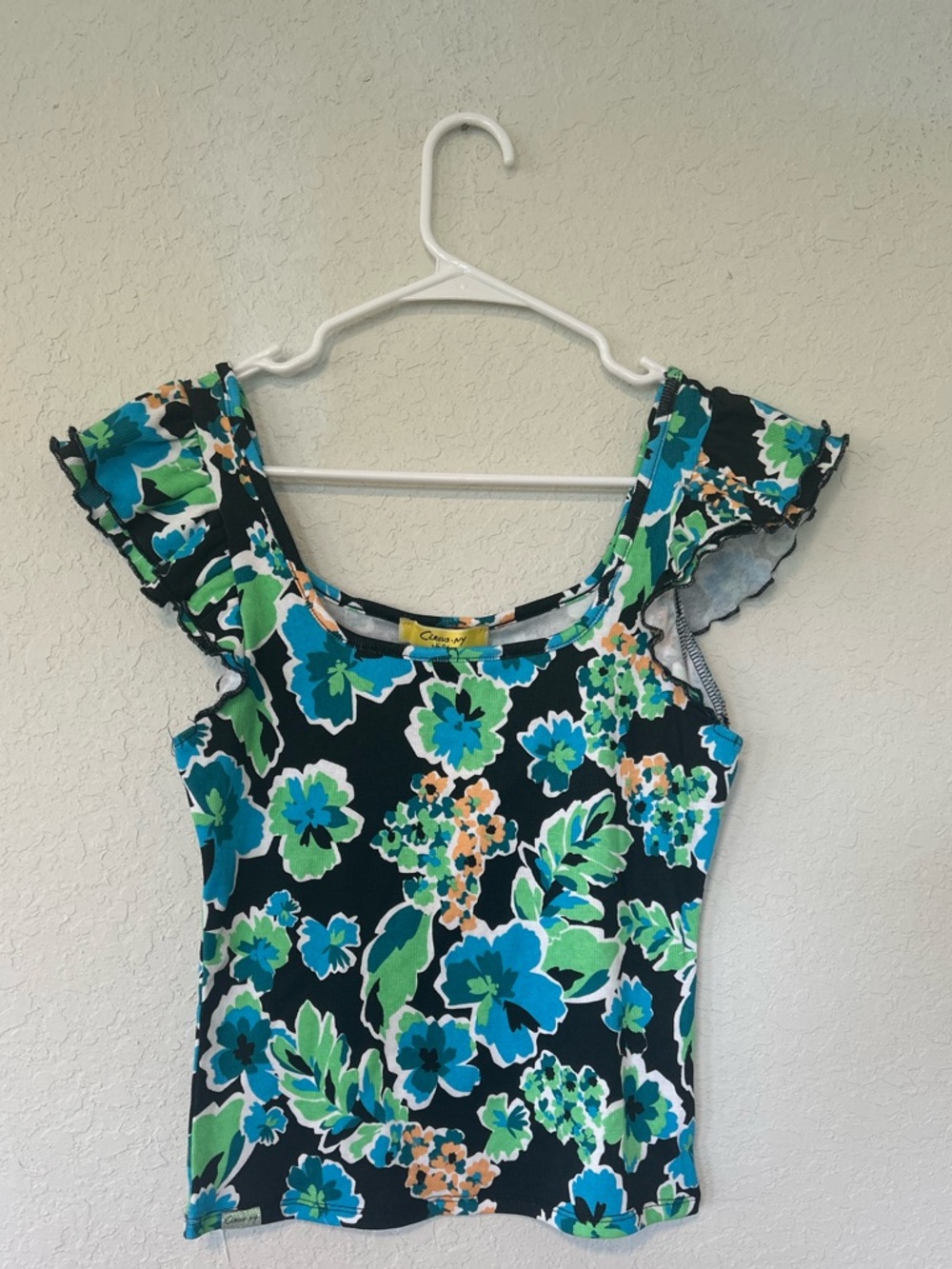 Y2K Inspired Sam Edelman Vibrant Floral Ruffled Cap Sleeves Top Fitted Bodice
